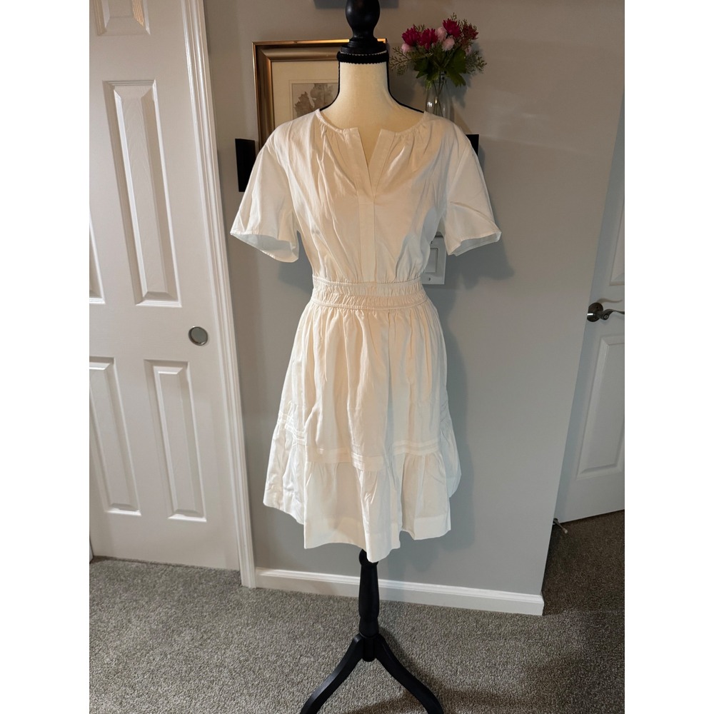 PrettyGarden Womens White Smocked Waist Tiered Ruffle V-Neck Dress Large NWT